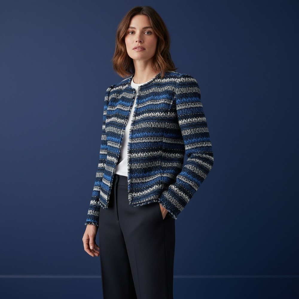 Rebecca Taylor Blazer Tweed Fringe Blue Black Stripes Button Blazer 6
